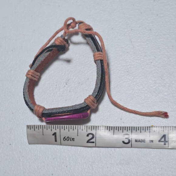 Handmade Adjustable Leather Bracelet Purple Tribal Carved Pendant Natural Cord - Picture 4 of 4
